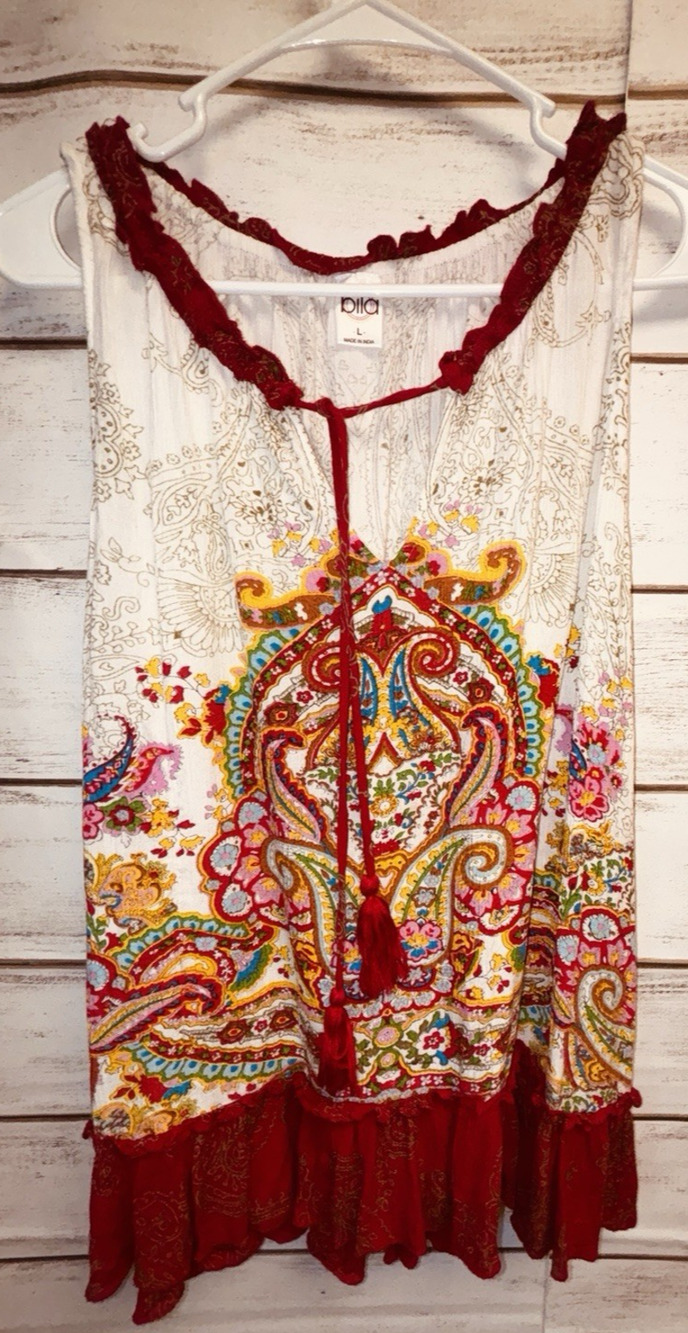 Bila Womens Top Sz L Red Ivory BOHO Paisley Tank Sleeveless Tassel Ruffle